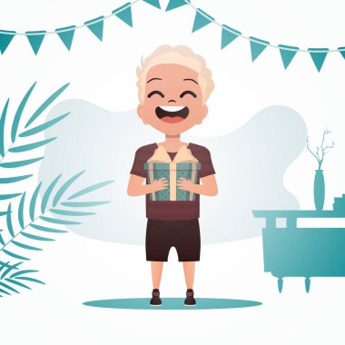 Çocuk büyümüş, elinde yay olan bir kutu tutuyor. Tatil teması. Çizgi film tarzında vektör illüstrasyonu.