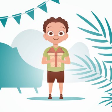 Mutlu çocuk ayağa kalktı ve elinde bir yay olan hediye kutusunu tuttu. Tatil teması. Çizgi film tarzı. Vektör illüstrasyonu.