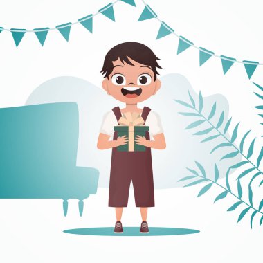 Çocuk büyümüş, elinde yay olan bir hediye tutuyor. Doğum günü, yeni yıl ya da tatil teması. Çizgi film tarzında vektör illüstrasyonu.