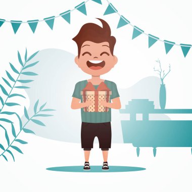 Çocuk büyümüş, elinde yay olan bir kutu tutuyor. Tatil teması. Çizgi film tarzı. Vektör illüstrasyonu.