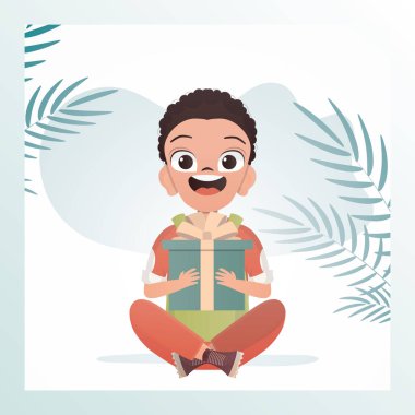 Mutlu bir çocuk lotus pozisyonunda oturur ve elinde yay olan bir kutu tutar. Tatil teması. Çizgi film tarzında vektör illüstrasyonu.