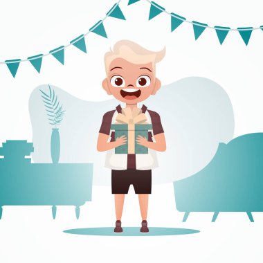 Çocuk büyümüş, elinde yay olan bir hediye tutuyor. Doğum günü, yeni yıl ya da tatil teması. Çizgi film tarzı. Vektör illüstrasyonu.