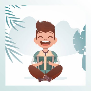 Mutlu bir çocuk lotus pozisyonunda oturur ve elinde yay olan bir kutu tutar. Doğum günü, yeni yıl ya da tatil teması. Çizgi film tarzı. Vektör illüstrasyonu.