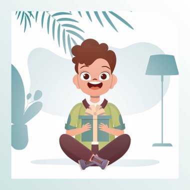 Mutlu çocuk lotus pozisyonunda oturur ve elinde bir yayla bir hediye tutar. Doğum günü, yeni yıl ya da tatil teması. Çizgi film tarzında vektör illüstrasyonu.