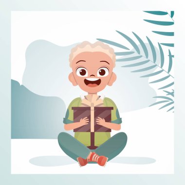 Mutlu bir çocuk lotus pozisyonunda oturur ve elinde yay olan bir kutu tutar. Tatil teması. Çizgi film tarzı. Vektör illüstrasyonu.