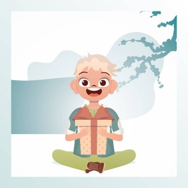 Mutlu bir çocuk lotus pozisyonunda oturur ve elinde yay olan bir hediye kutusu tutar. Doğum günü, yeni yıl ya da tatil teması. Çizgi film tarzı. Vektör illüstrasyonu.