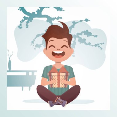 Neşeli çocuk lotus pozisyonunda oturur ve elinde yay olan bir kutu tutar. Doğum günü, yeni yıl ya da tatil teması. Çizgi film tarzı. Vektör illüstrasyonu.