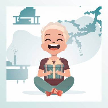 Neşeli çocuk lotus pozisyonunda oturur ve elinde yay olan bir kutu tutar. Doğum günü, yeni yıl ya da tatil teması. Çizgi film tarzında vektör illüstrasyonu.