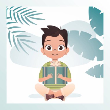 Neşeli bir çocuk lotus pozisyonunda oturur ve elinde bir fiyonk olan hediye kutusunu tutar. Doğum günü, yeni yıl ya da tatil teması. Çizgi film tarzında vektör illüstrasyonu.