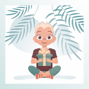 Neşeli çocuk lotus pozisyonunda oturur ve elinde bir yayla bir hediye tutar. Tatil teması. Çizgi film tarzında vektör illüstrasyonu.