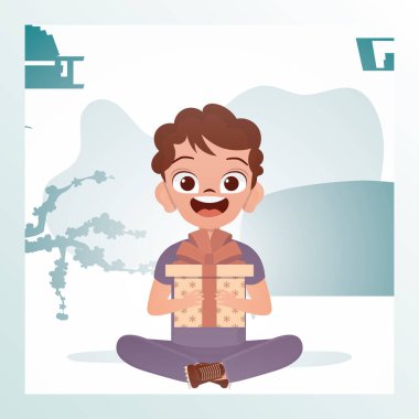 Neşeli çocuk lotus pozisyonunda oturur ve elinde bir yayla bir hediye tutar. Doğum günü, yeni yıl ya da tatil teması. Çizgi film tarzında vektör illüstrasyonu.