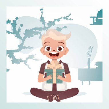 Neşeli çocuk lotus pozisyonunda oturur ve elinde yay olan bir kutu tutar. Tatil teması. Çizgi film tarzı. Vektör illüstrasyonu.