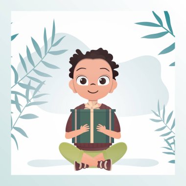 Neşeli bir çocuk lotus pozisyonunda oturur ve elinde bir fiyonk olan hediye kutusunu tutar. Tatil teması. Çizgi film tarzında vektör illüstrasyonu.