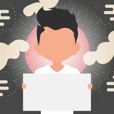 Sevimli küçük bir çocuk boş bir nakliye çantası tutuyor. Mesajın için yer aç. Çizgi film tarzı. Vektör illüstrasyonu.