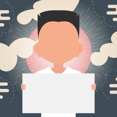 Küçük sevimli bir çocuk elinde boş bir tablet tutuyor. Logo, metin ya da tasarım için yer. Çizgi film tarzı. Vektör illüstrasyonu.