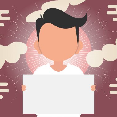 Sevimli küçük bir çocuk boş bir nakliye çantası tutuyor. Logo, metin ya da tasarım için yer. Çizgi film tarzı. Vektör illüstrasyonu.