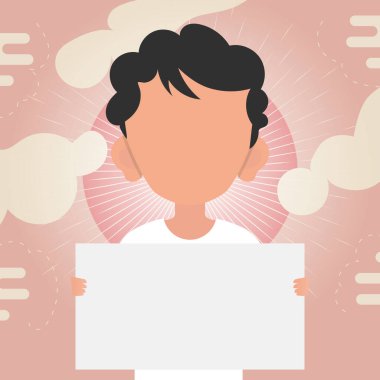 Küçük sevimli bir çocuk elinde boş bir kağıt tutuyordu. Mesajın için yer aç. Çizgi film tarzında vektör illüstrasyonu.