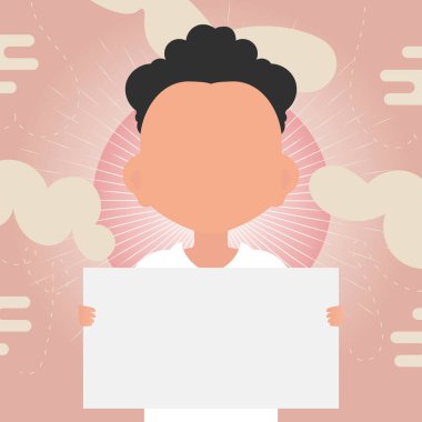 Küçük sevimli bir çocuk elinde boş bir kağıt tutuyordu. Logo, metin ya da tasarım için yer. Çizgi film tarzında vektör illüstrasyonu.