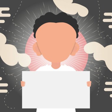 Küçük sevimli bir çocuk elinde boş bir kağıt tutuyordu. Logo, metin ya da tasarım için yer. Çizgi film tarzı. Vektör illüstrasyonu.