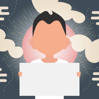 Küçük sevimli bir çocuk elinde boş bir kağıt tutuyordu. Mesajın için yer aç. Çizgi film tarzı. Vektör illüstrasyonu.