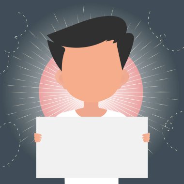 Küçük sevimli bir çocuk elinde boş bir tablet tutuyor. Logo, metin ya da tasarım için yer. Çizgi film tarzı. Vektör illüstrasyonu.