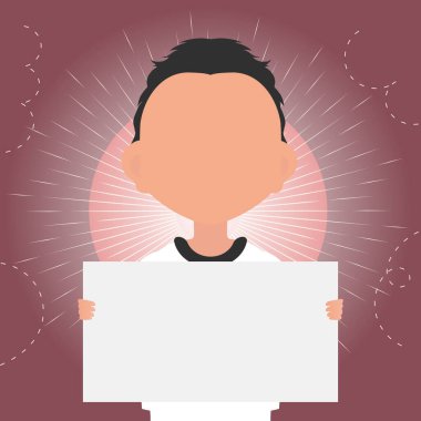 Sevimli küçük bir çocuk boş bir nakliye kutusu tutuyor. Logo, metin ya da tasarım için yer. Çizgi film tarzı. Vektör illüstrasyonu.