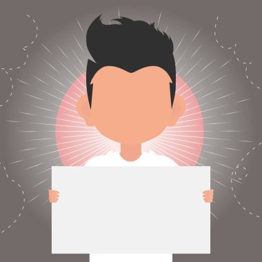 Sevimli küçük bir çocuk boş bir nakliye kutusu tutuyor. Logo, metin ya da tasarım için yer. Çizgi film tarzında vektör illüstrasyonu.