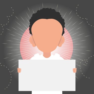 Sevimli küçük bir çocuk boş bir nakliye kutusu tutuyor. Mesajın için yer aç. Çizgi film tarzı. Vektör illüstrasyonu.