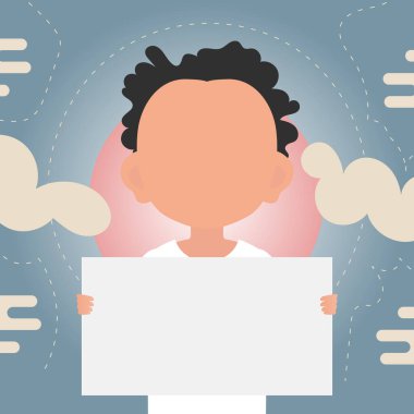 Sevimli bir anaokulu çocuğu elinde boş bir kağıt tutuyor. Logo, metin ya da tasarım için yer. Çizgi film tarzında vektör illüstrasyonu.