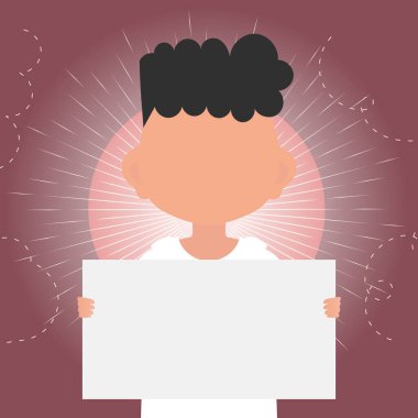 A cute preschool boy is holding a blank sheet of paper in his hands. Place for your text. Vector illustration in cartoon style.