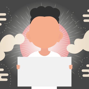 Küçük sevimli bir çocuk elinde boş bir tablet tutuyor. Logo, metin ya da tasarım için yer. Çizgi film tarzında vektör illüstrasyonu.