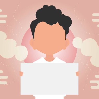 Sevimli küçük bir çocuk elinde boş bir kağıt tutuyor. Mesajın için yer aç. Çizgi film tarzı. Vektör illüstrasyonu.