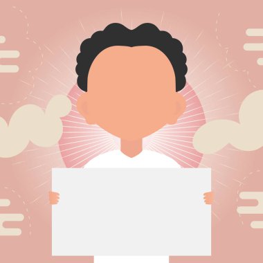 Küçük sevimli bir çocuk elinde boş bir tablet tutuyor. Mesajın için yer aç. Çizgi film tarzı. Vektör illüstrasyonu.