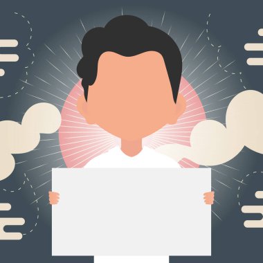 Küçük sevimli bir çocuk elinde boş bir tablet tutuyor. Mesajın için yer aç. Çizgi film tarzında vektör illüstrasyonu.