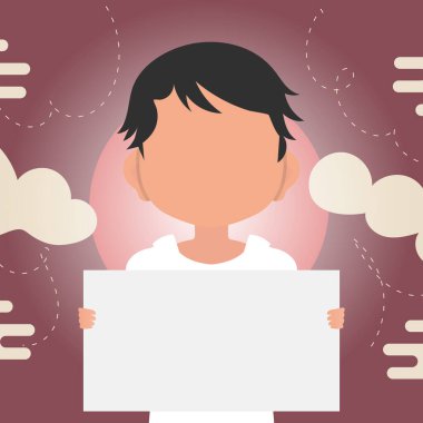 Sevimli küçük bir çocuk elinde boş bir kağıt tutuyor. Logo, metin ya da tasarım için yer. Çizgi film tarzında vektör illüstrasyonu.