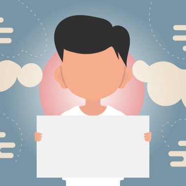 Sevimli küçük bir çocuk elinde boş bir kağıt tutuyor. Logo, metin ya da tasarım için yer. Çizgi film tarzı. Vektör illüstrasyonu.