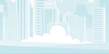 Şehrin arka planı mavi tonlarda. Karakterin için bir afiş ya da afiş. Çizgi film tarzında vektör illüstrasyonu.