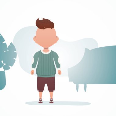 Odada sevimli küçük bir çocuk duruyor. Banner ve bir çocuk. Çizgi film tarzı. Vektör illüstrasyonu.