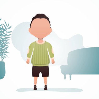 Odada sevimli küçük bir çocuk duruyor. Banner ve bir çocuk. Çizgi film tarzında vektör illüstrasyonu.