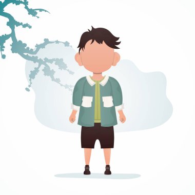 Odada sevimli küçük bir çocuk duruyor. Çocuklu bir poster. Çizgi film tarzı. Vektör illüstrasyonu.