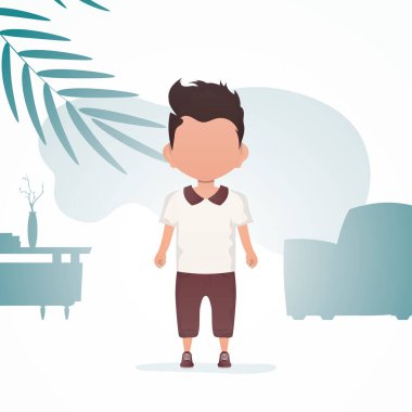 Odada sevimli küçük bir çocuk duruyor. Çocuklu bir poster. Çizgi film tarzı. Vektör illüstrasyonu.