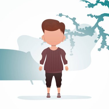 Odada sevimli küçük bir çocuk duruyor. Çocuklu bir poster. Çizgi film tarzında vektör illüstrasyonu.