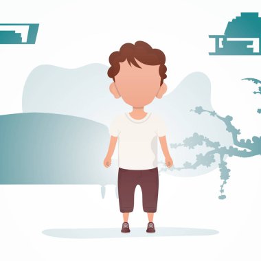 Küçük sevimli bir erkek bebek tam bir büyüme içinde resmedilir. Çocuklu bir poster. Çizgi film tarzında vektör illüstrasyonu.