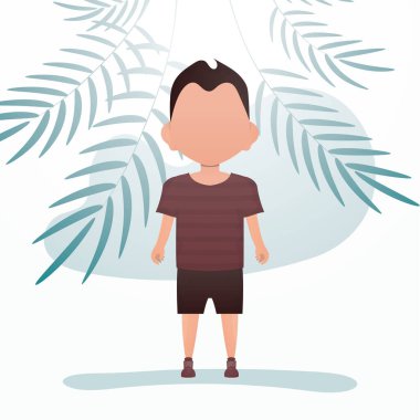 Odada sevimli küçük bir erkek bebek duruyor. Banner ve bir çocuk. Çizgi film tarzında vektör illüstrasyonu.