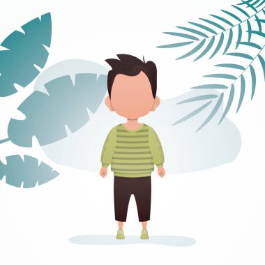 Odada sevimli küçük bir erkek bebek duruyor. Çocuklu bir poster. Çizgi film tarzında vektör illüstrasyonu.