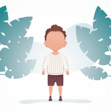 Odada sevimli küçük bir erkek bebek duruyor. Çocuklu bir poster. Çizgi film tarzı. Vektör illüstrasyonu.