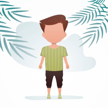 Odada sevimli küçük bir erkek bebek duruyor. Banner ve bir çocuk. Çizgi film tarzı. Vektör illüstrasyonu.