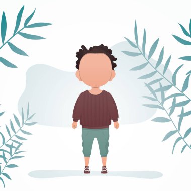 Odada sevimli küçük bir erkek bebek duruyor. Çocuklu bir poster. Çizgi film tarzında vektör illüstrasyonu.