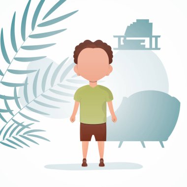 Sevimli bir anaokulu çocuğu tam gelişim ile tasvir edilir. Banner ve bir çocuk. Çizgi film tarzında vektör illüstrasyonu.