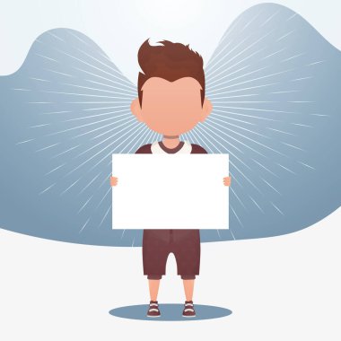 Boş afişi olan küçük sevimli bir çocuk. Mesajın için yer aç. Çizgi film tarzında vektör illüstrasyonu.